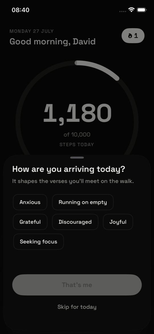 The Today screen in dark mode, asking “How are you arriving today?” with mood choices such as Anxious, Grateful and Seeking focus.