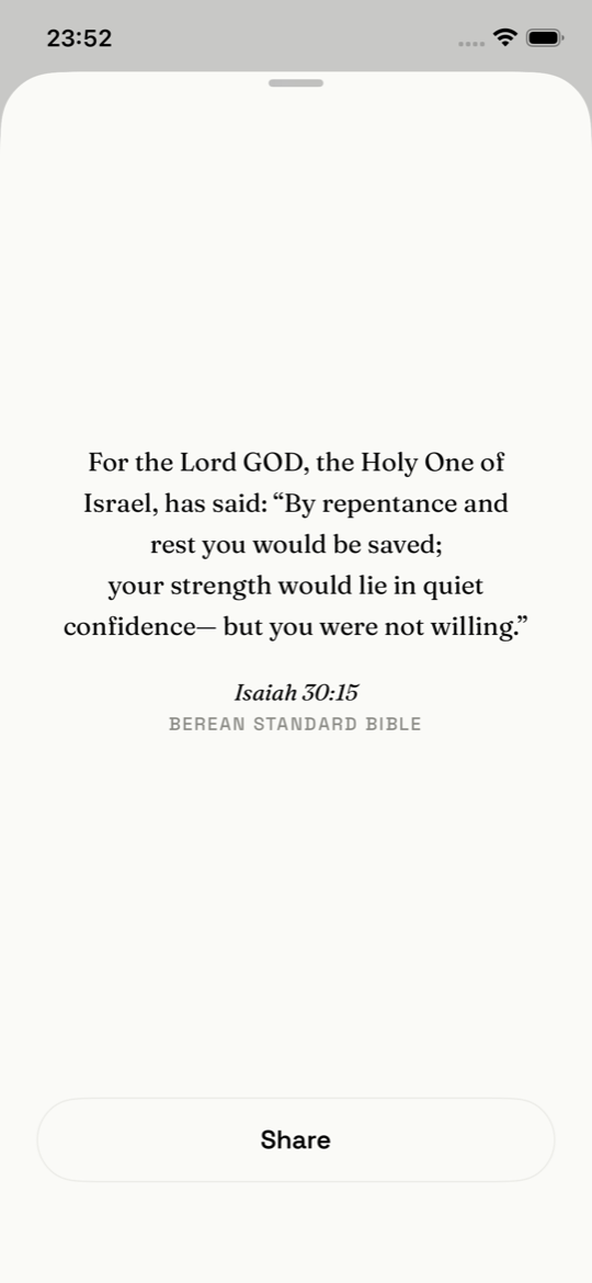 A saved verse opened from the library, Isaiah 30:15, set in serif type with a Share button below.